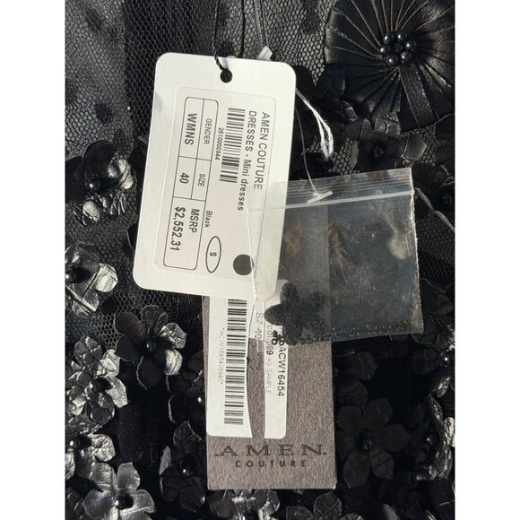 Amen Couture Black Leather Appliqué Sheer Mini Dress Sample Size 40 US 4 - Picture 9 of 16